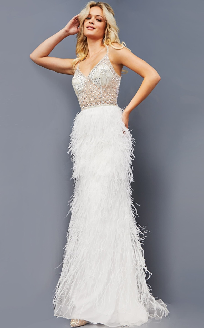 Jovani 08525 Sleeveless V-neck Feather Skirt Long Prom Dress