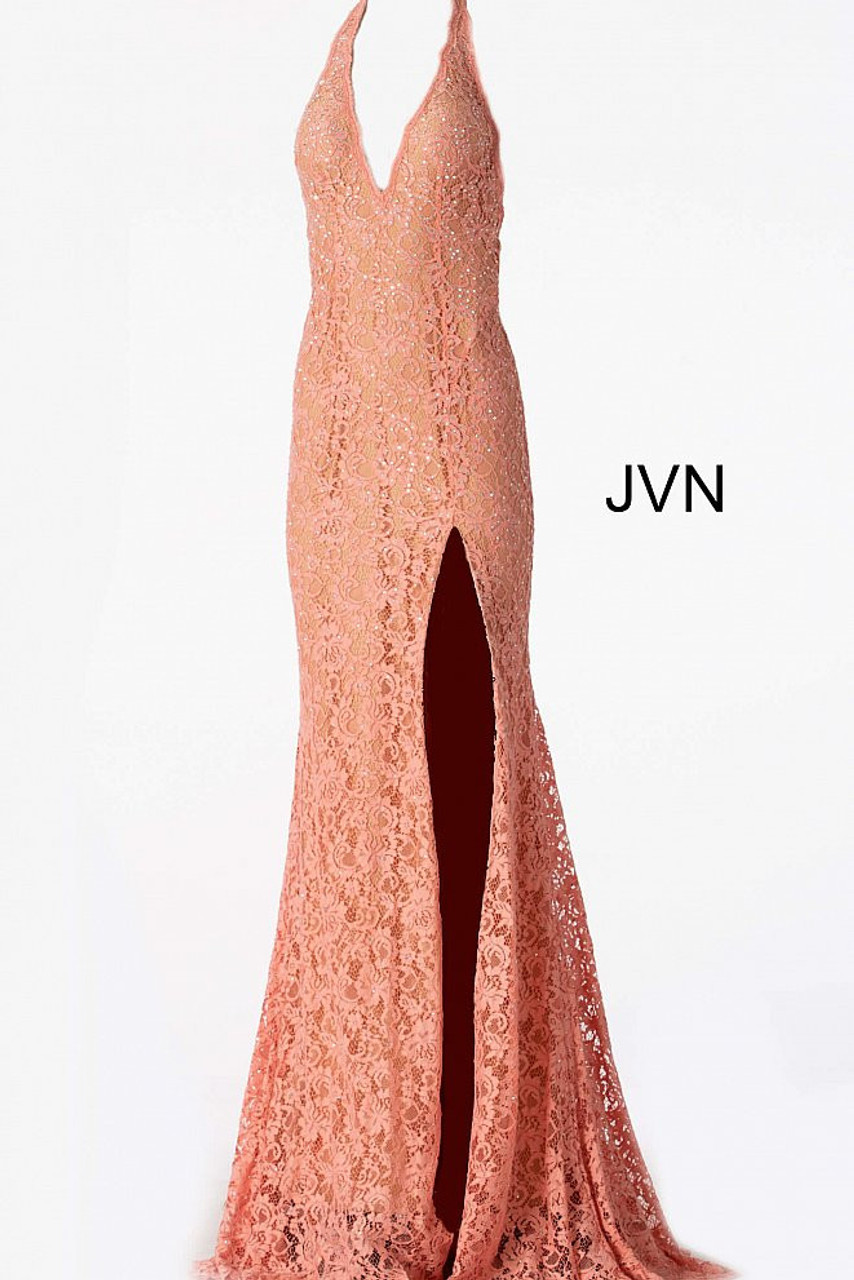 Jovani JVN63391 Fitted Bodice Deep Halter V-neck Long Dress