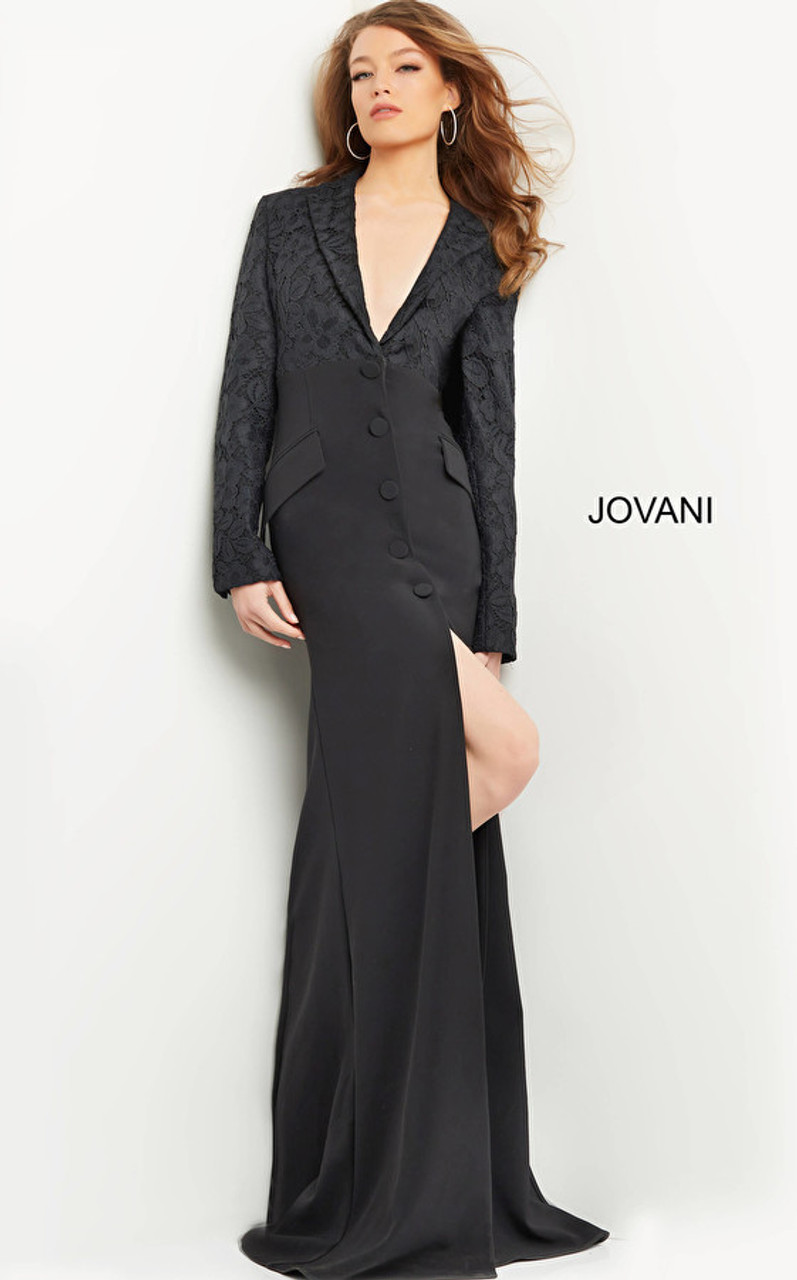 Jovani 07552 Plunging V-Neck Long Sleeve Front Slit Gown