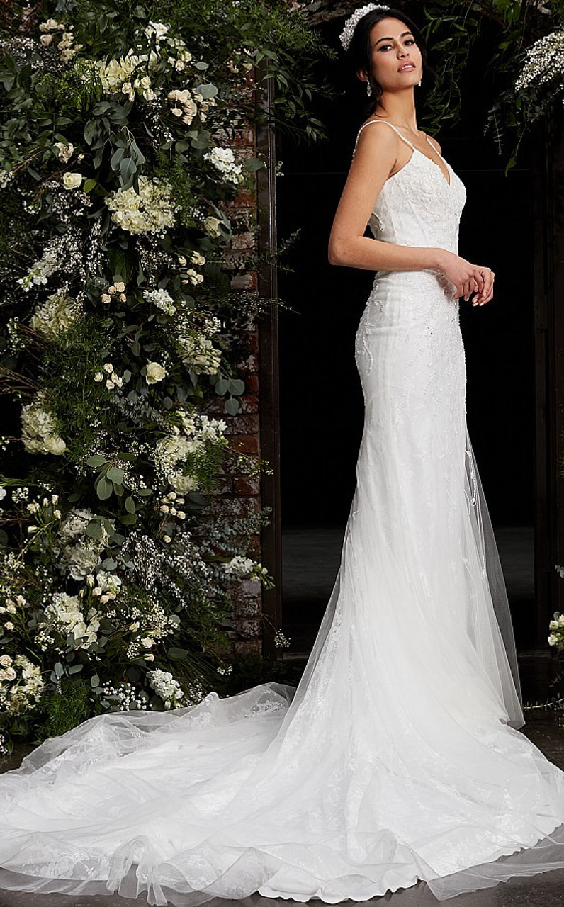 Jovani JB03909 Spaghetti Strap Embellished Wedding Dress
