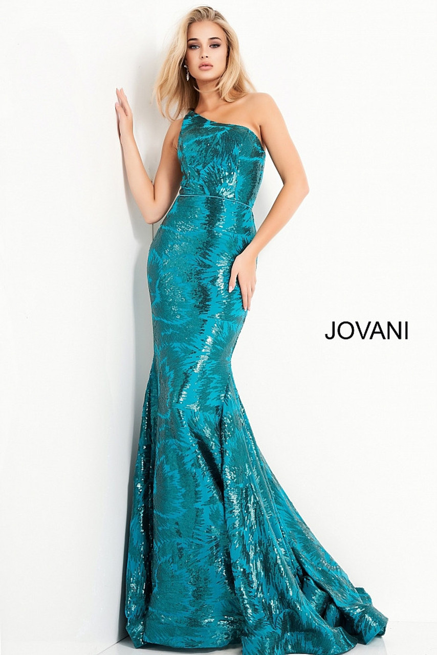 Jovani JVN1845 Sleeveless Asymmetric Sequin Trumpet Gown