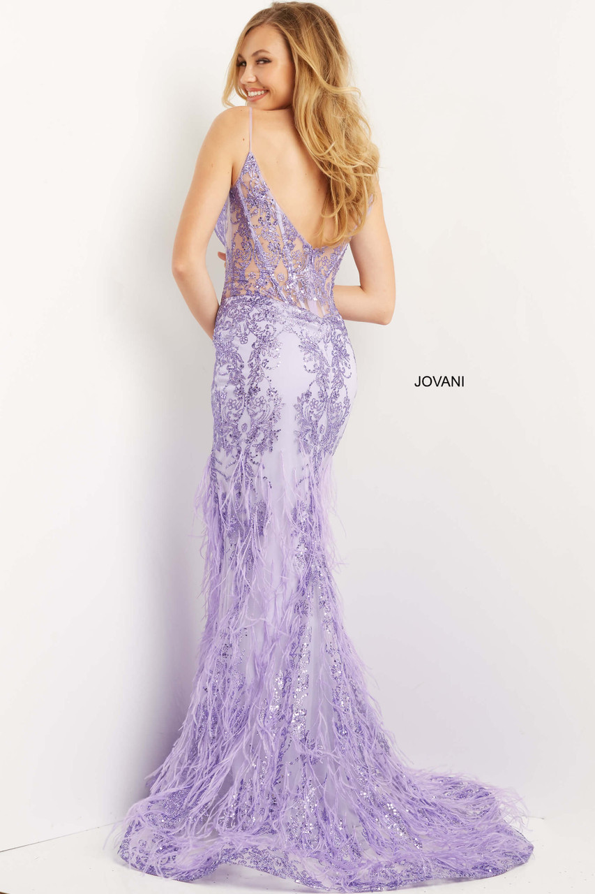 Jovani 08141 Spaghetti Straps Feather Accented Corset Gown
