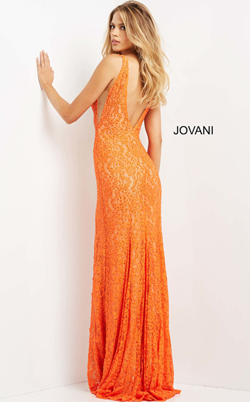 Jovani 08674 Plunging Low V-Neck Lace Prom Dress