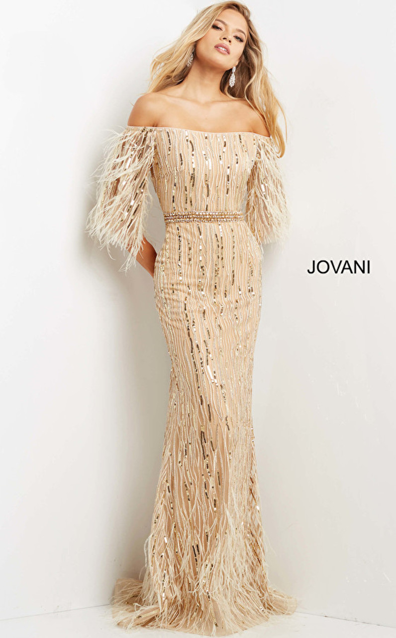 Jovani 07195 Off-shoulder Embellished Feather Sleeve Dress