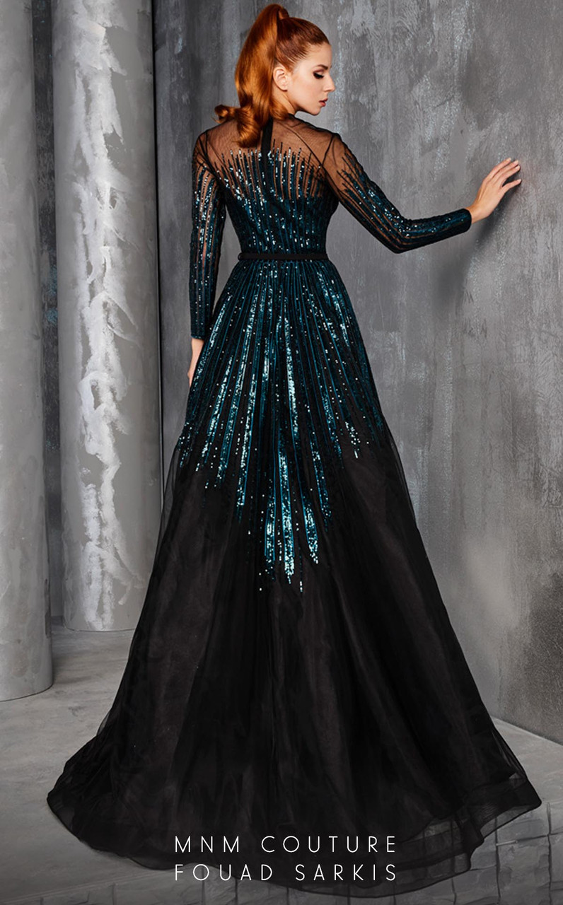 3/4 Sleeves Round Neck Evening Dress With Sequin Bodice | Navy Blue