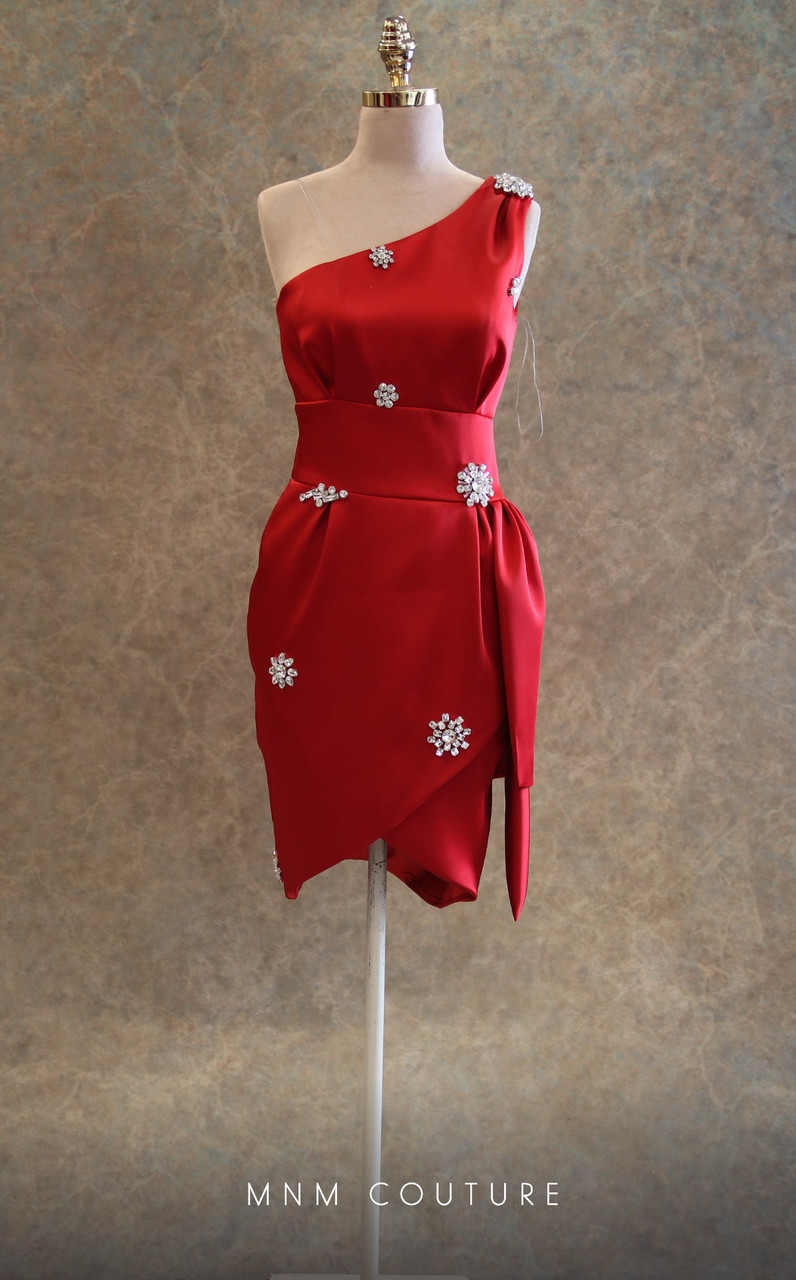 MNM Couture V6433 One Shoulder Asymmetrical Neck Short Dress