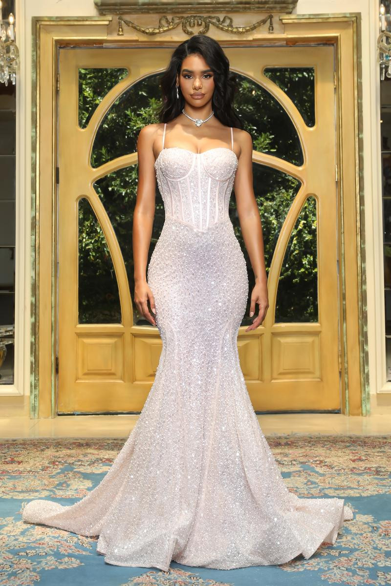 Enchanting Asymmetrical Gown with Feathered Hemline by Portia and Scarlett