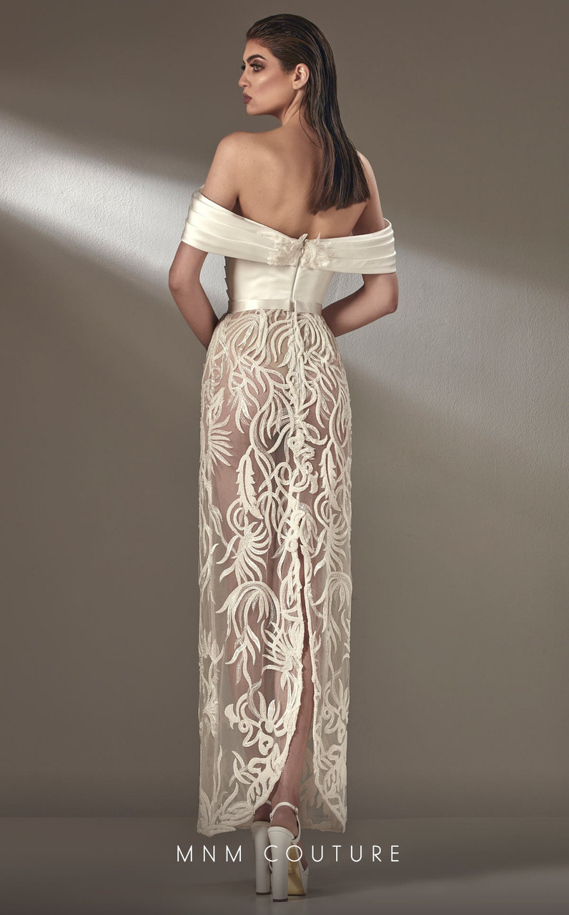 MNM Couture K3889 Off the Shoulder Deep-V Top Long Dress