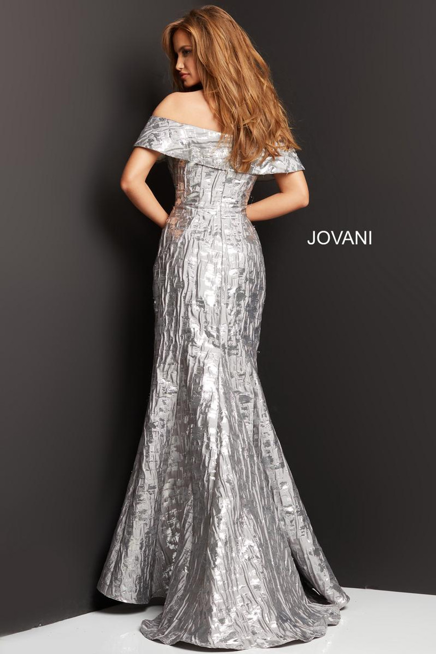 Jovani 06624 Jacquard Off Shoulder Strapless Train Dress