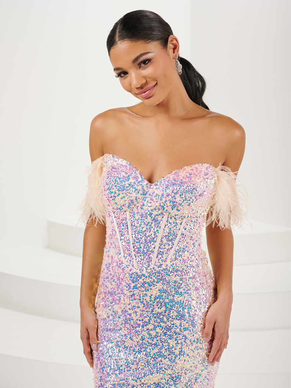 Tiffany Designs 16106 Feathers Sequin Strapless Long Dress