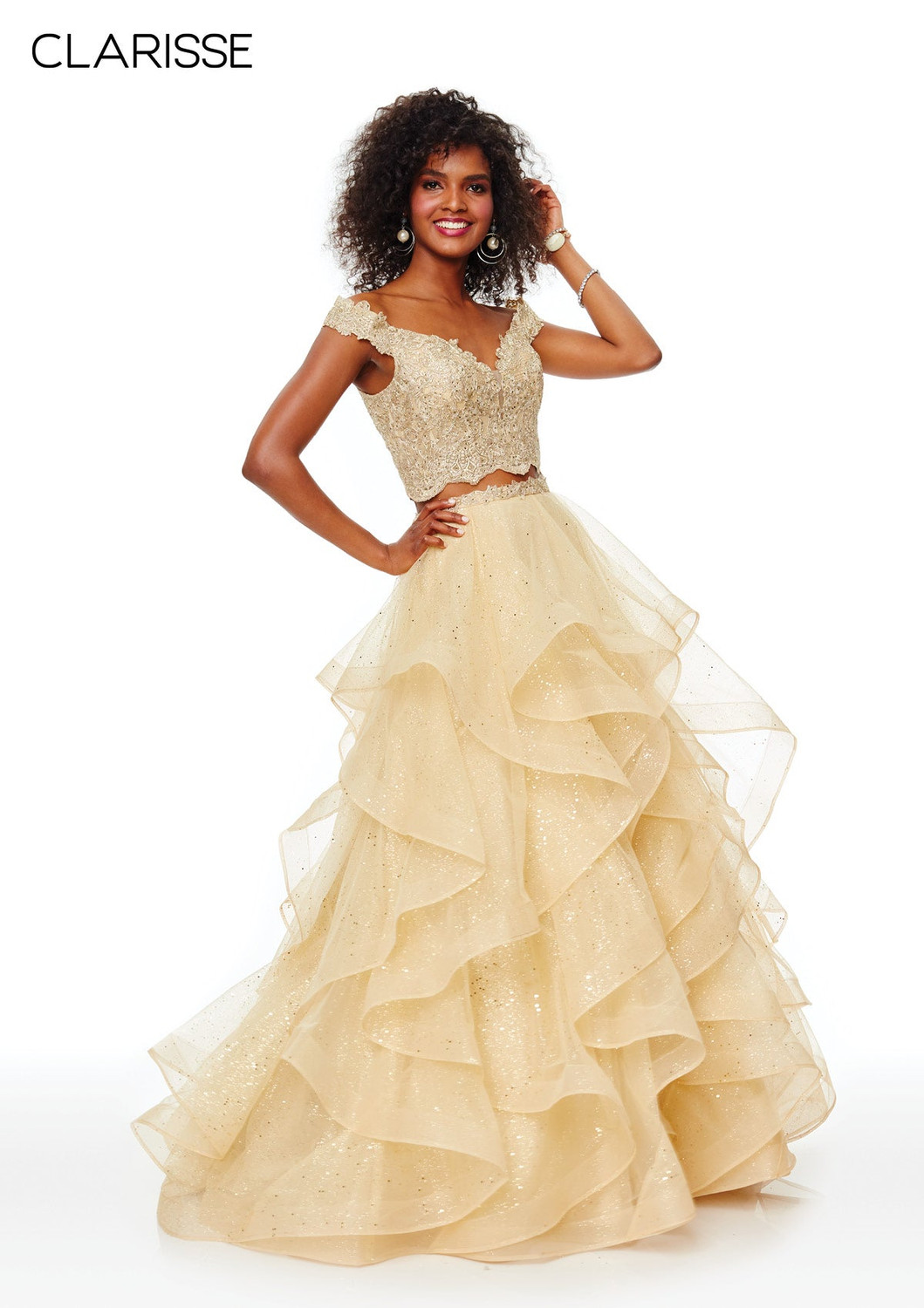 Clarisse 5048 Glitter Tulle Off-shoulder Two Piece Ball Gown Clarisse 5048 Glitter Tulle Off-shoulder Two Piece Ball Gown