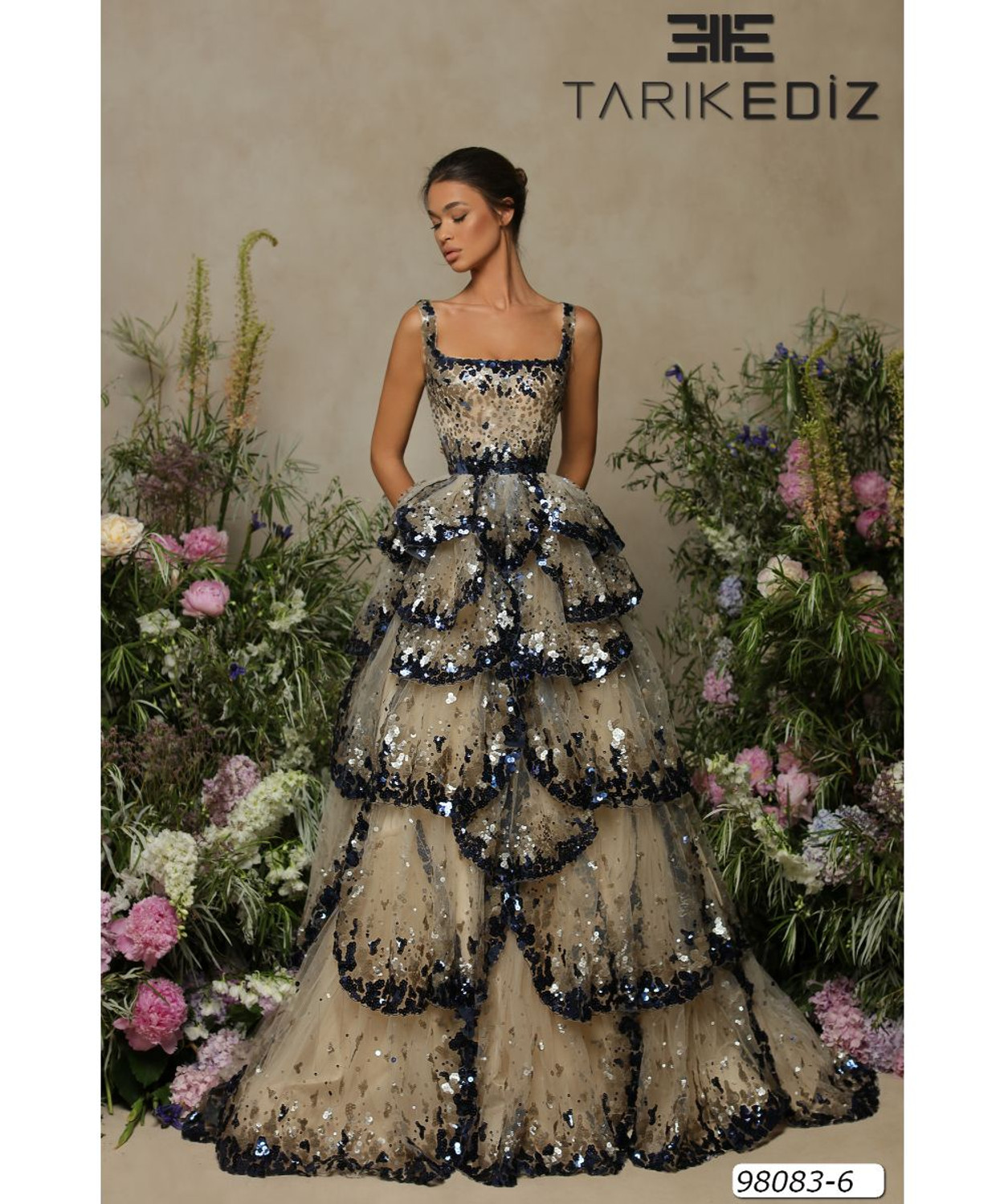 Tarik Ediz 98083 Sleeveless Square Tiered Floor-length Gown