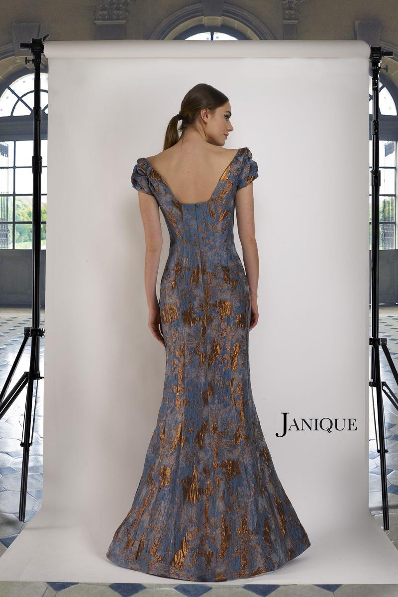Janique 66721 Wide V-neck Ruched Cap Sleeve Jacquard Gown