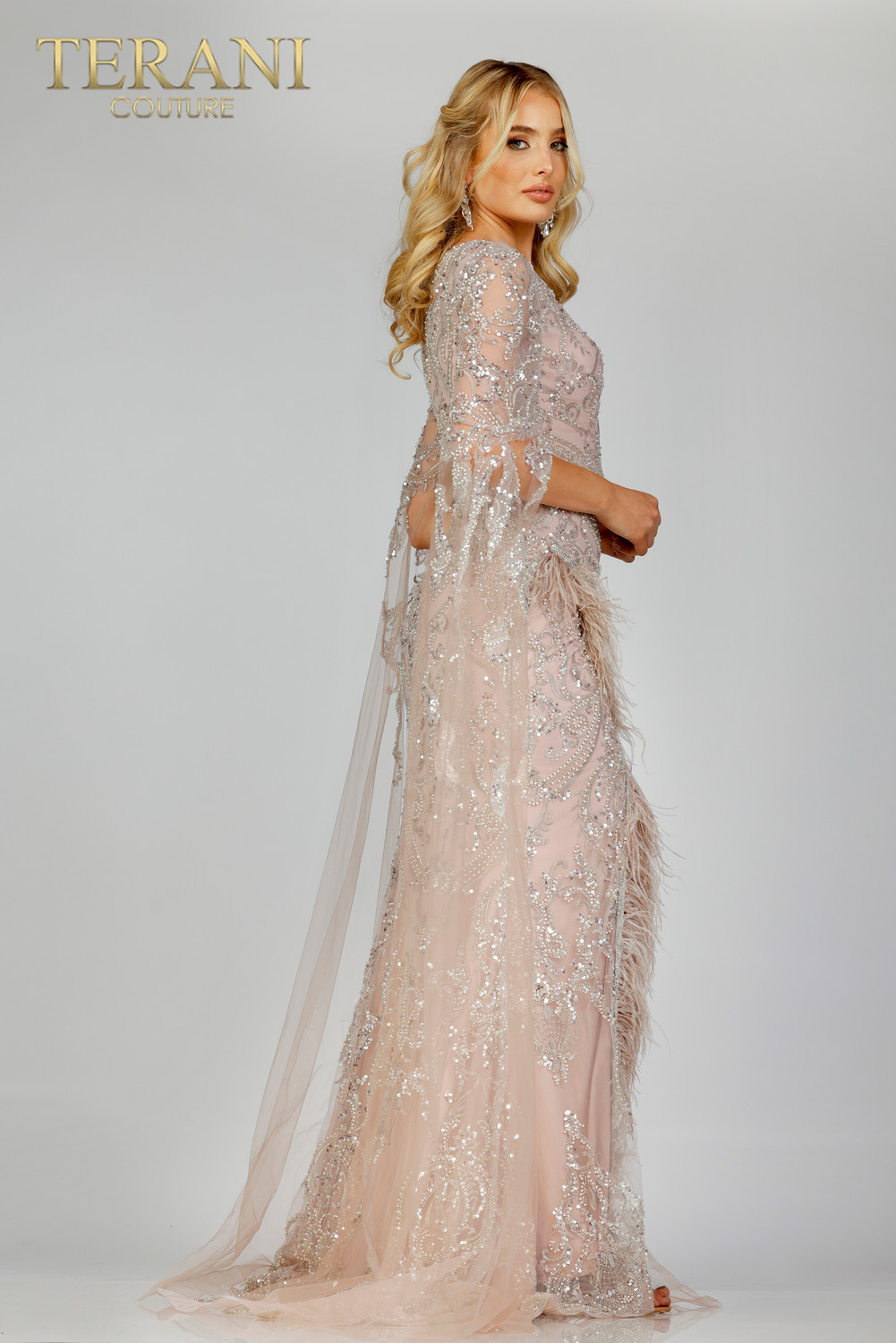 Terani Couture 231E0494 Cape Sleeves Feather Tulle Long Gown