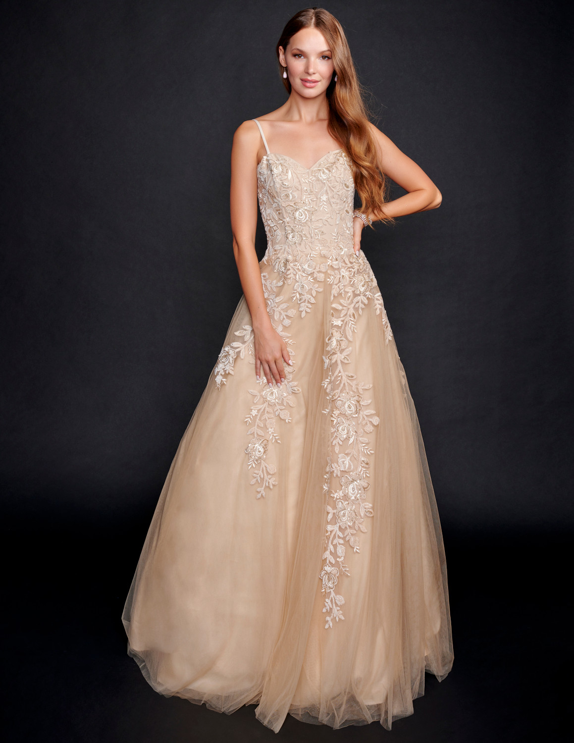 spaghetti strap embroidered dress SPAGHETTI STRAP EMBROIDERED BEIGE GOWN WITH BEADED TULLE SKIRT | CULT MIA main image 1