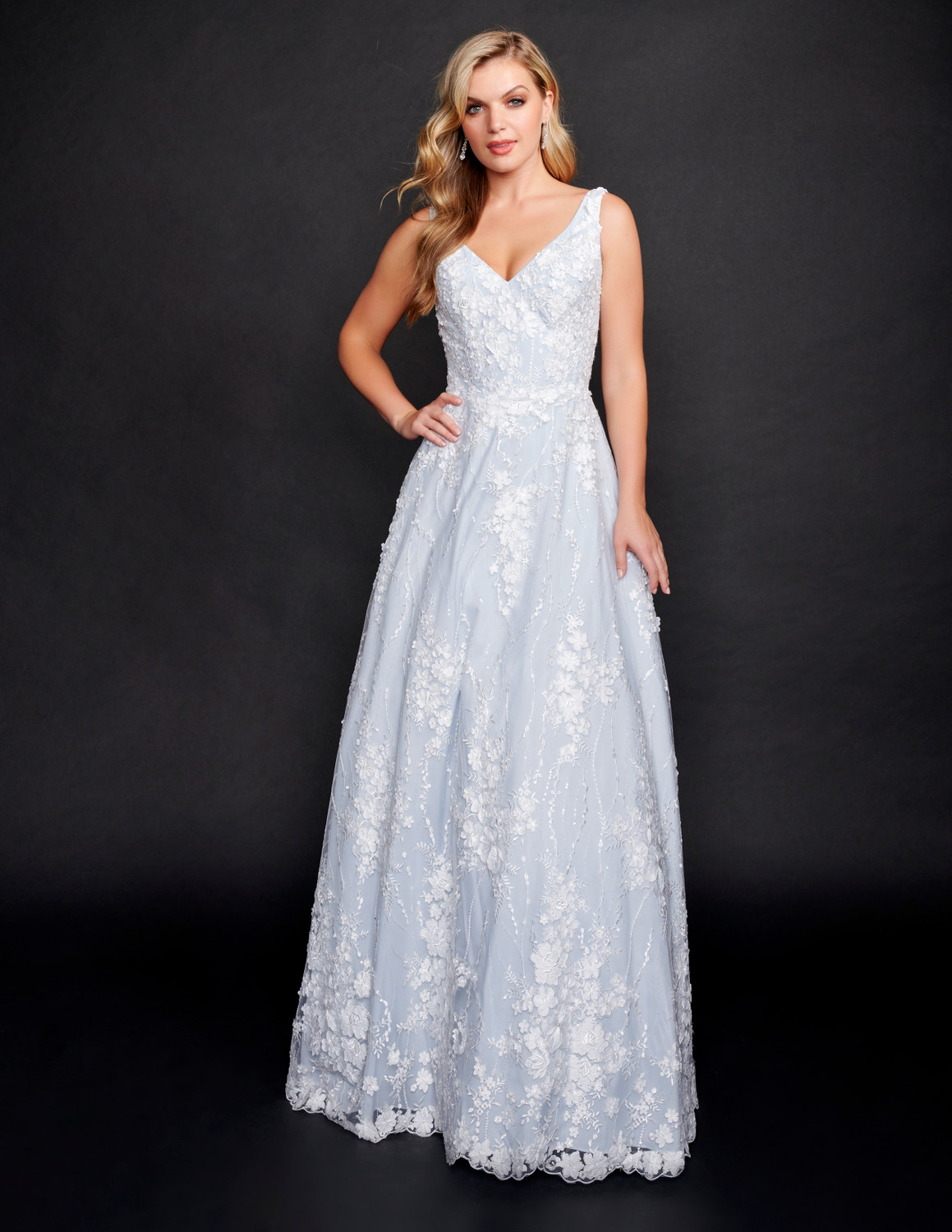 blue ivory wedding dress Blue Floral Lace Wedding Dress with Straps and Open Back ET3071 main image 0