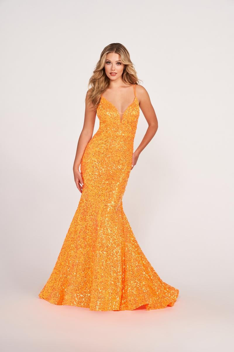 orange sequin jersey dress Ellie Wilde by Mon Cheri EW34034 Sequin Jersey Long Dress