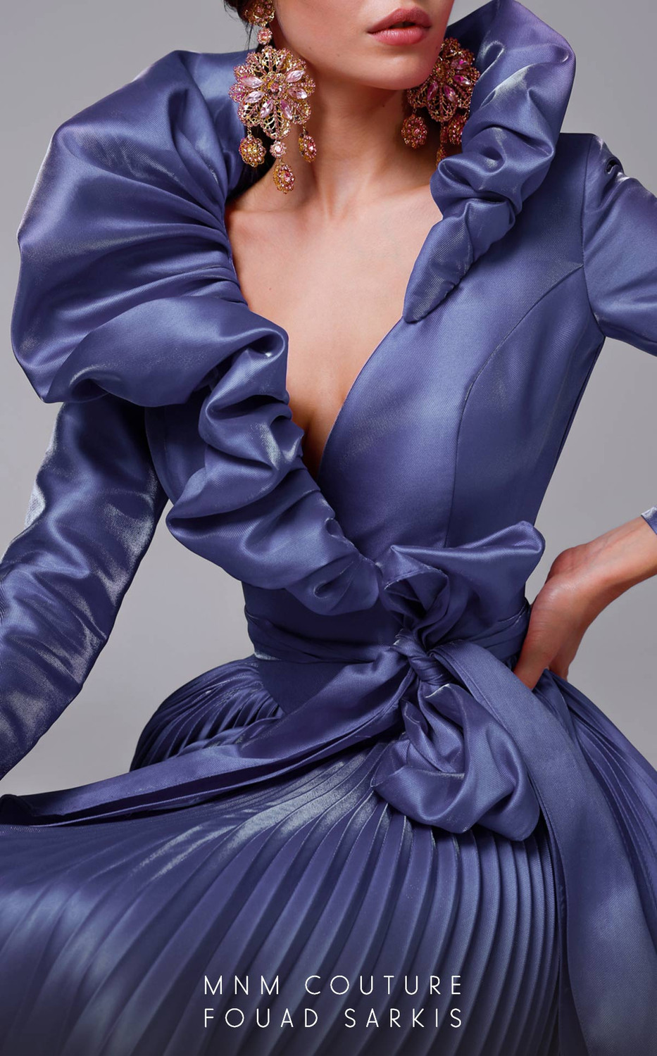 MNM Couture 2696 Silk Stand Collar Neck Tea Length Dress