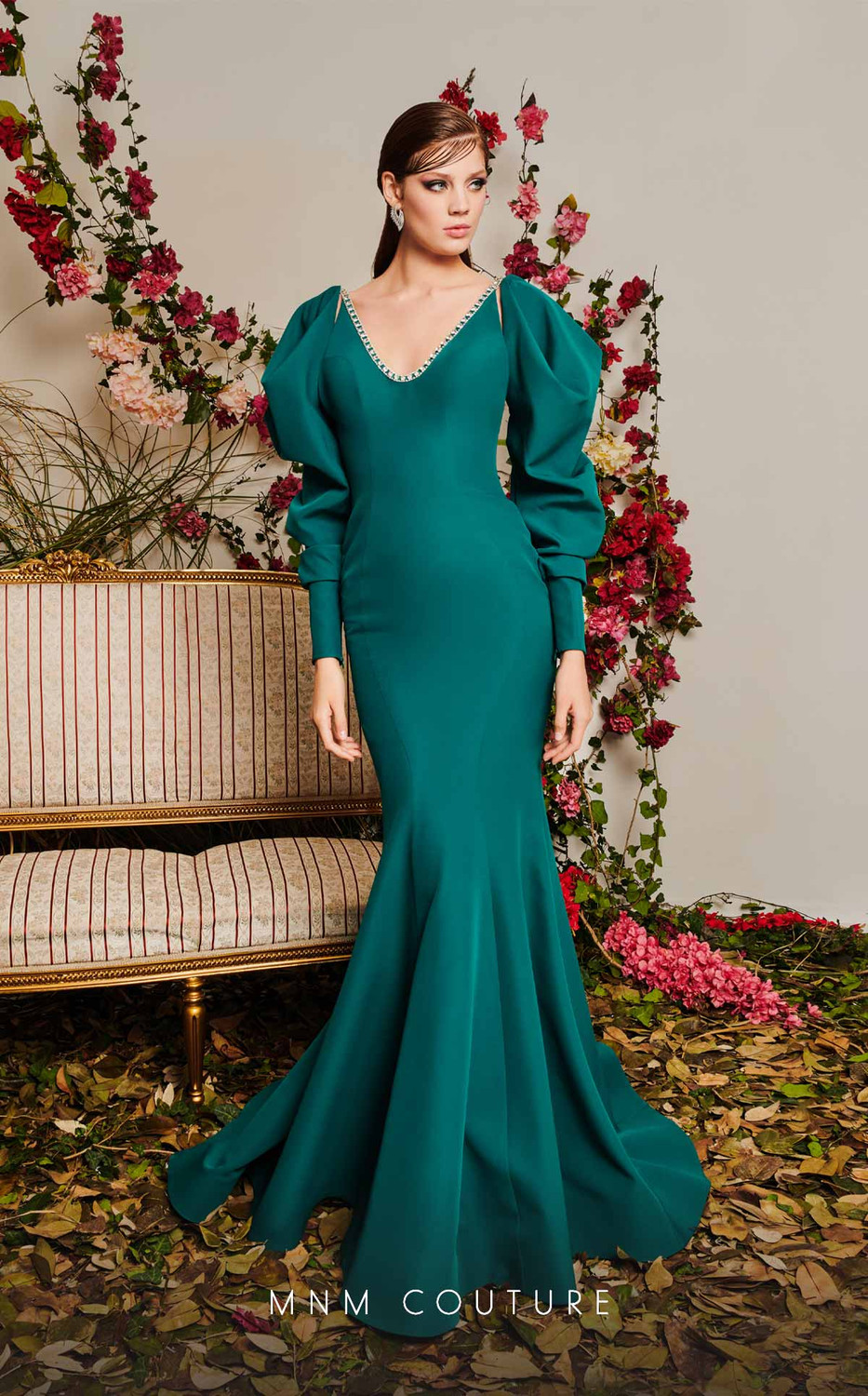 chinese dress ladies Long Formal Dress with Short Puff Sleeves