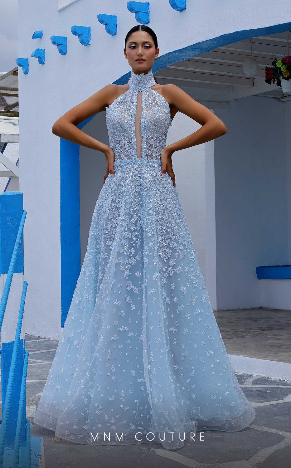 organza halter dress MNM Couture K3997 Organza Halter Neck Sleeveless Long Dress