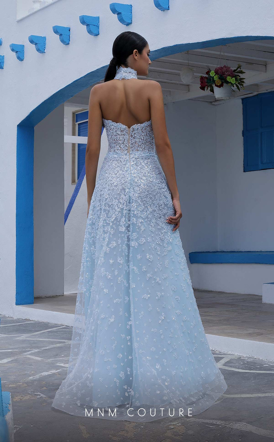 organza halter dress MNM Couture K3997 Organza Halter Neck Sleeveless Long Dress