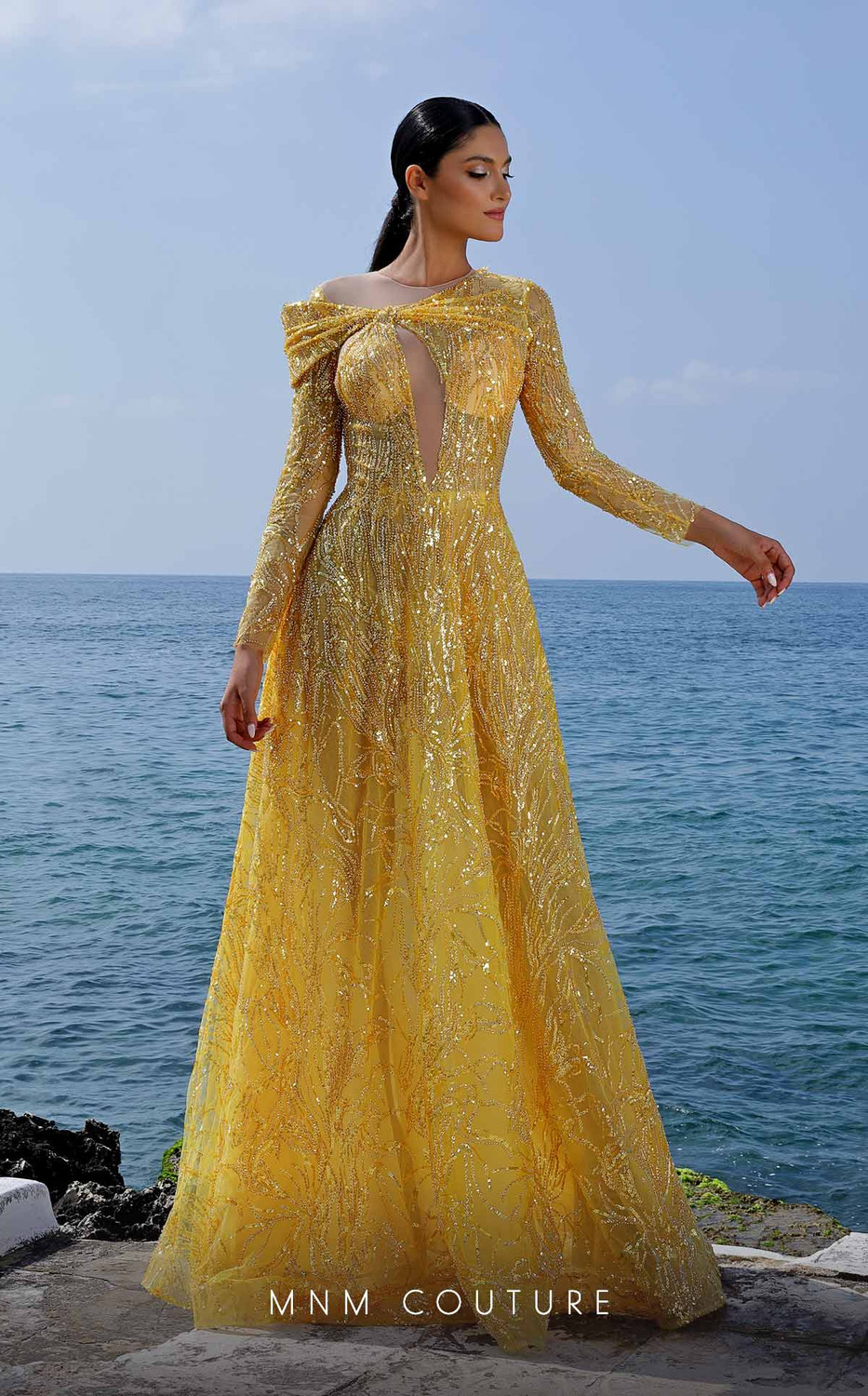 MNM Couture K4004 Beaded Long Sleeves Crew Neck Long Dress
