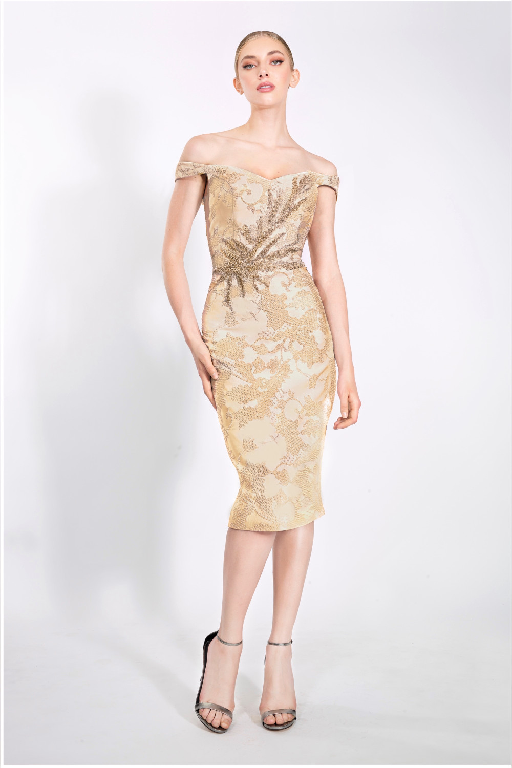 beaded knee length dress Janique 925 Beaded Off Shoulder Sheath Knee Length Dress