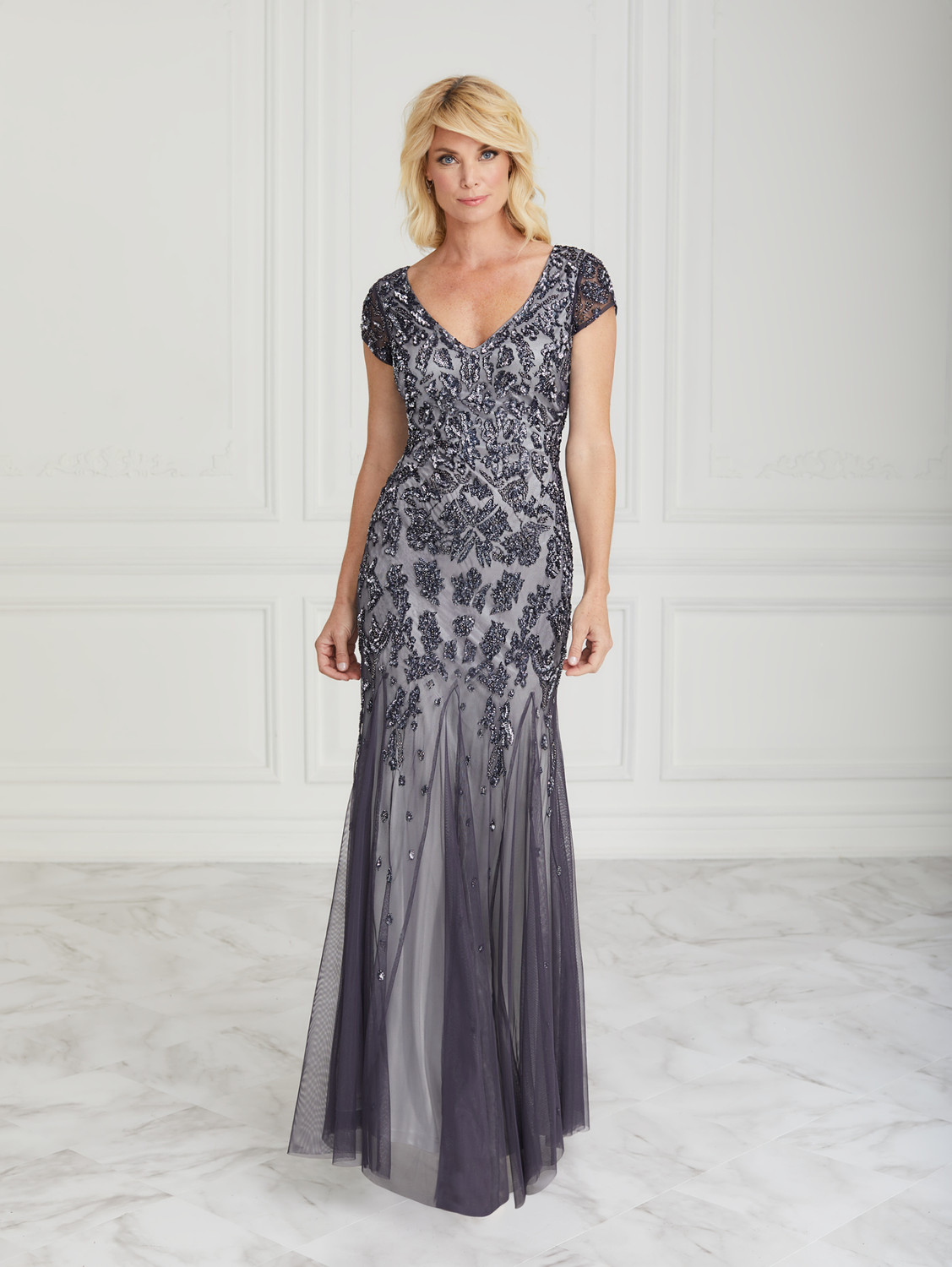 long mesh dress with lace cap sleeves Long Floral Cap Sleeve Glitter Mesh Wedding Gown