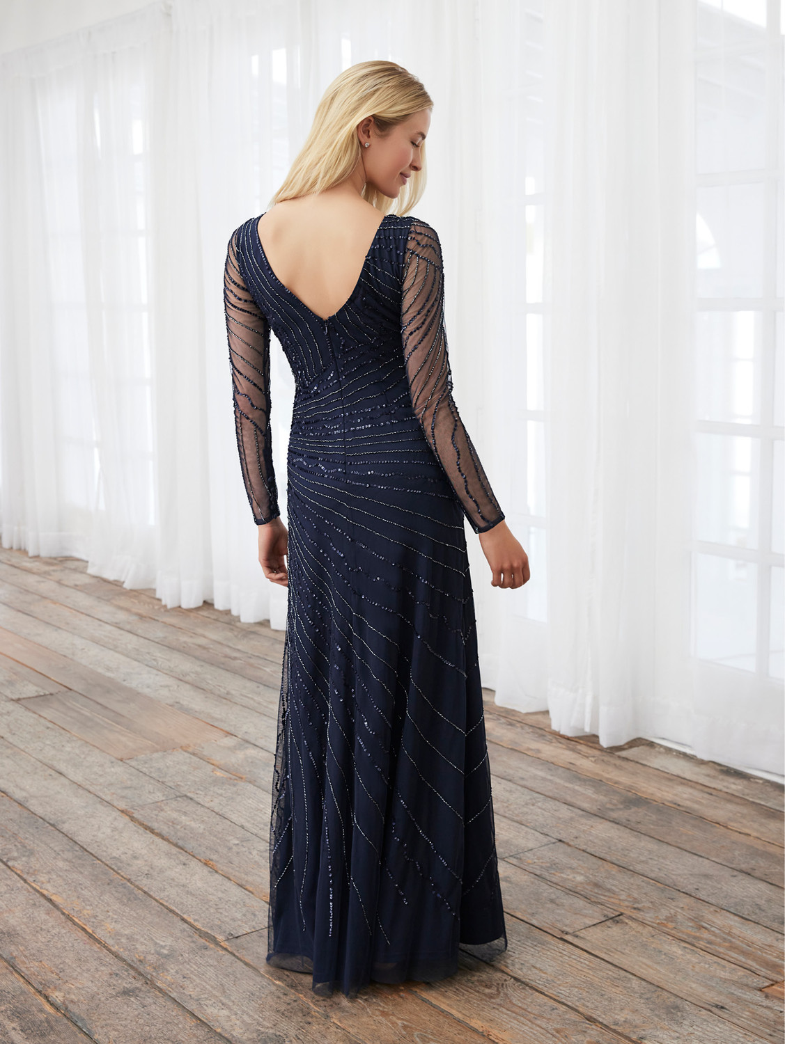 House of Wu 40399 Beaded Mesh Bateau Neck Long Sleeve Dress