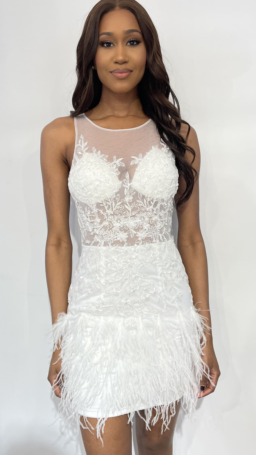 【deres】 swith neck feather short coat Jovani 22334 Sleeveless Feather High Neck Short Dress