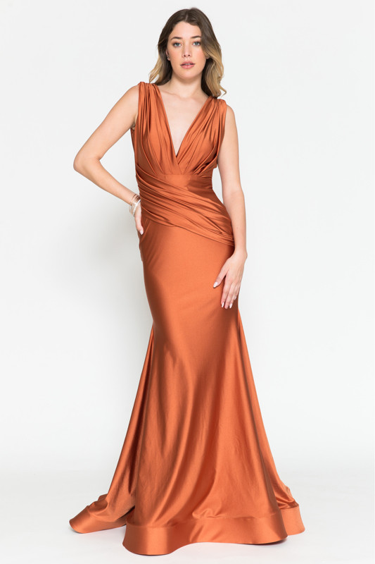 lycra formal dress Amelia Couture 370 Lycra Deep V-neck Sleeveless Long Dress