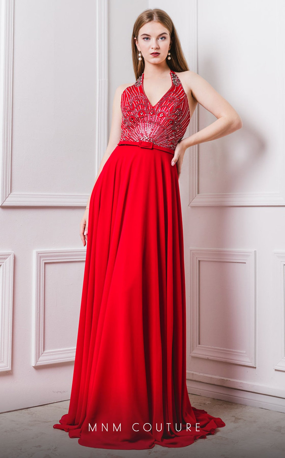 MNM Couture F6198 Beads Halter Neck Sleeveless Long Dress