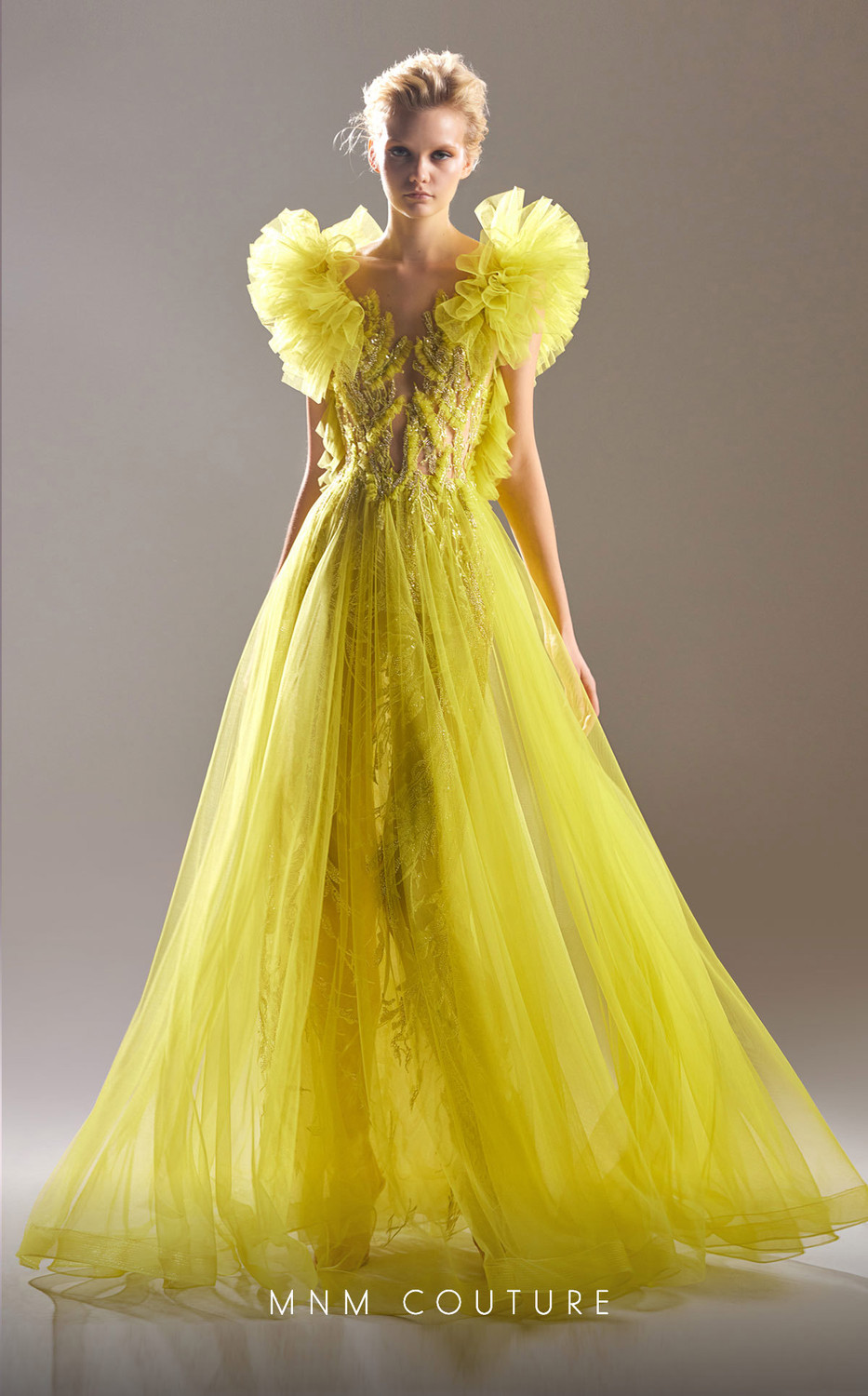 beaded ruffle tulle dress V-neck Orange Beaded Tulle Ruffles Sequin Prom Dresses