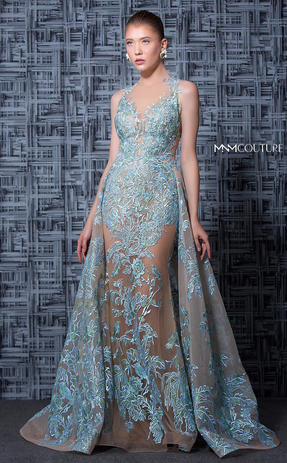 metallic floral maxi dress Tiered Metallic Floral Chiffon Halter Gown In Blue Multi