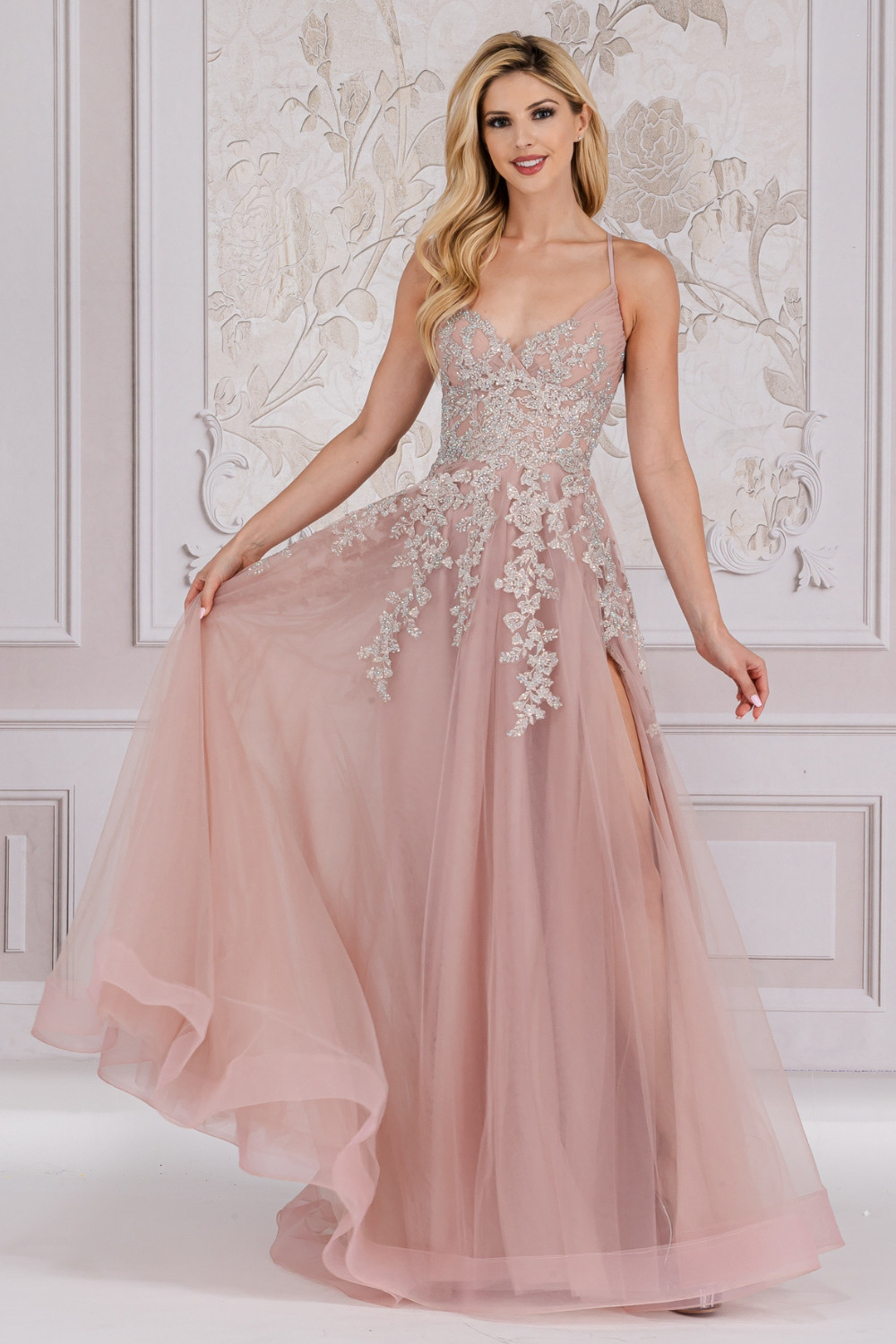 dull satin dress Amelia Couture TM1006 Dull Satin Embroidery V-Neck Dress