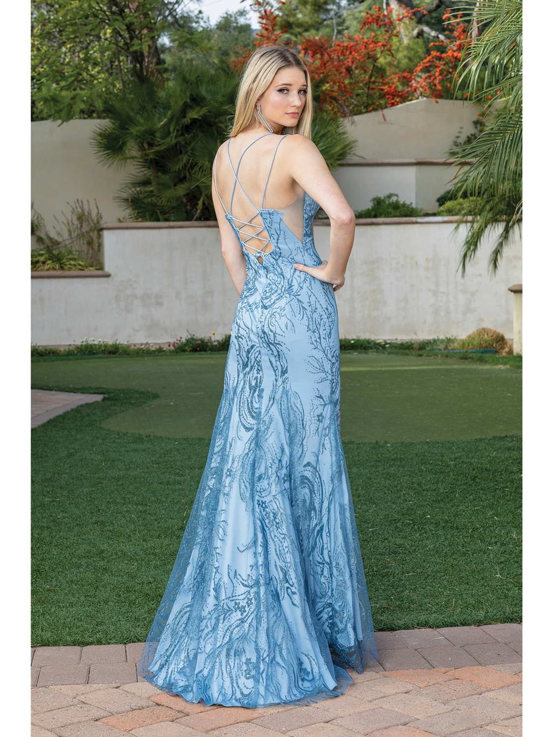 【新品】　Emboridered Lace Back Dress Dancing Queen 4302 Sleeveless V-neck Strappy Lace Long Dress