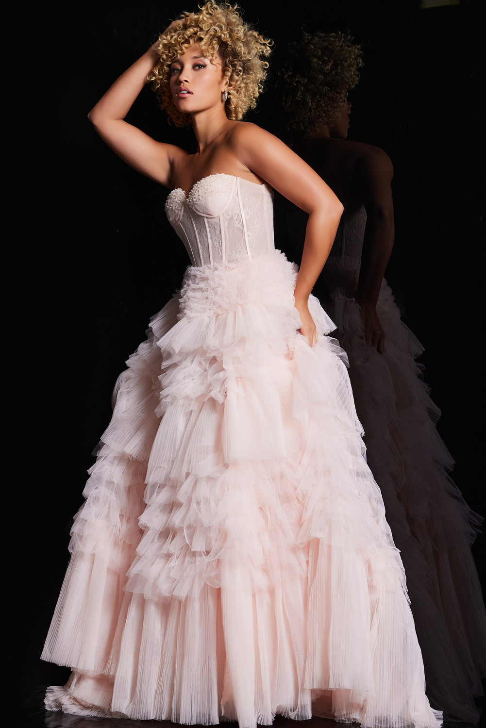 Jovani 38540 Tulle Lace Strapless Layered Skirt Ballgown Jovani 38540 Tulle Lace Strapless Layered Skirt Ballgown