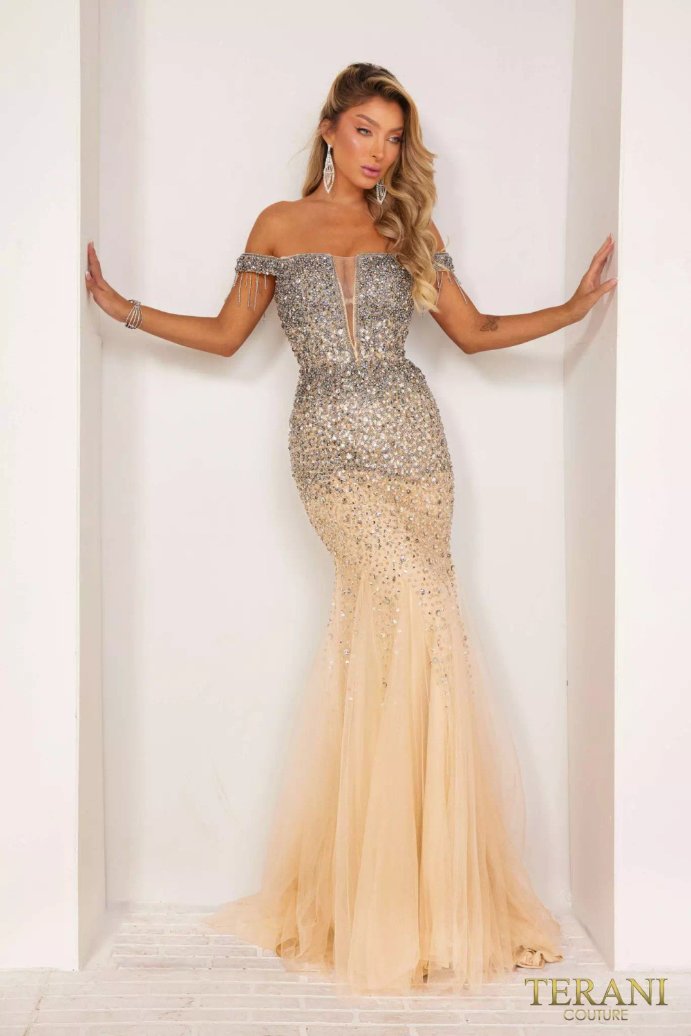bodycon tulle dress 251P4030 Strapless Beaded Tulle Bodycon High Slit Dress