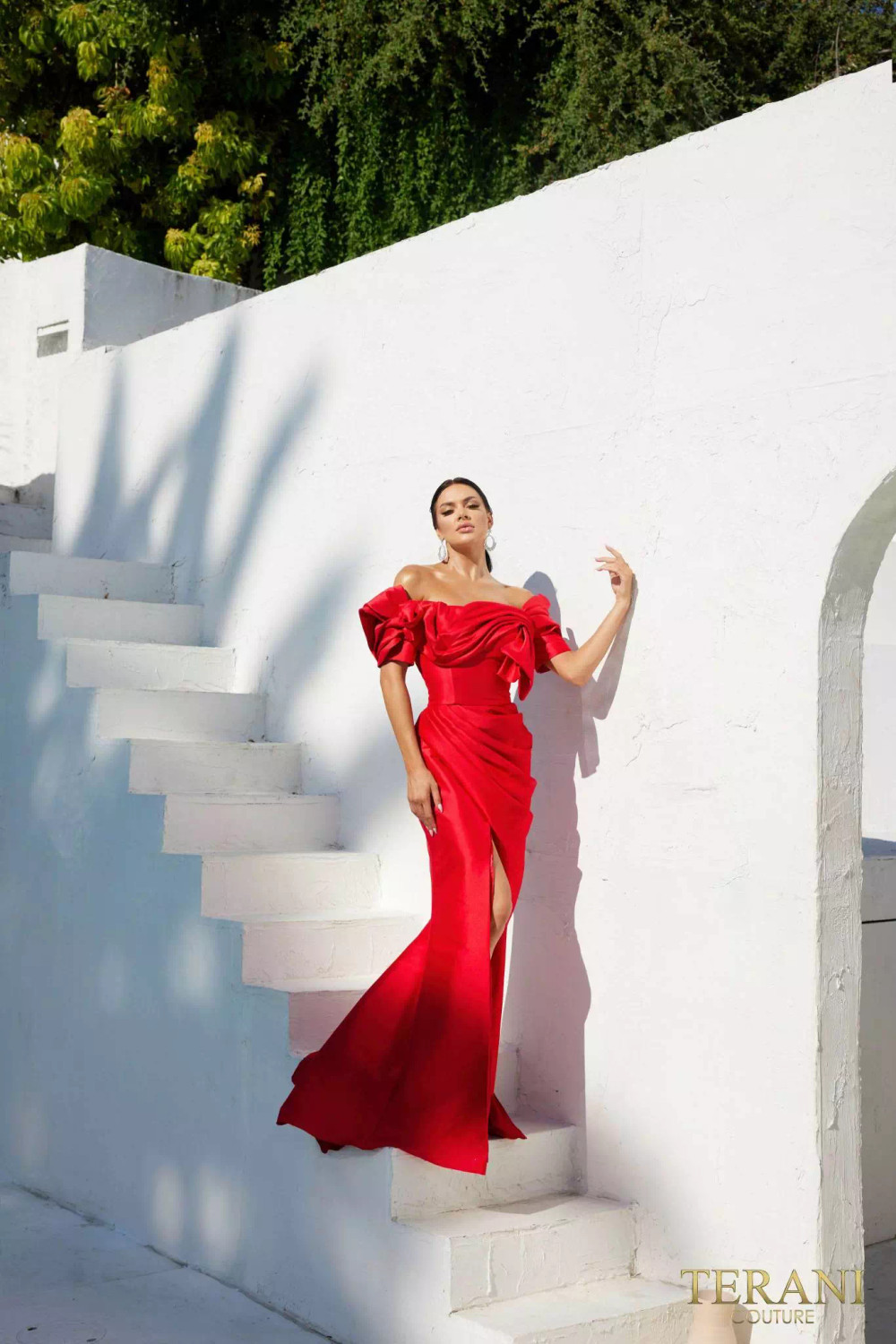glamour by terani couture red dress Terani Couture 252E5129 Stretch Satin Bishop Sleeves Dress