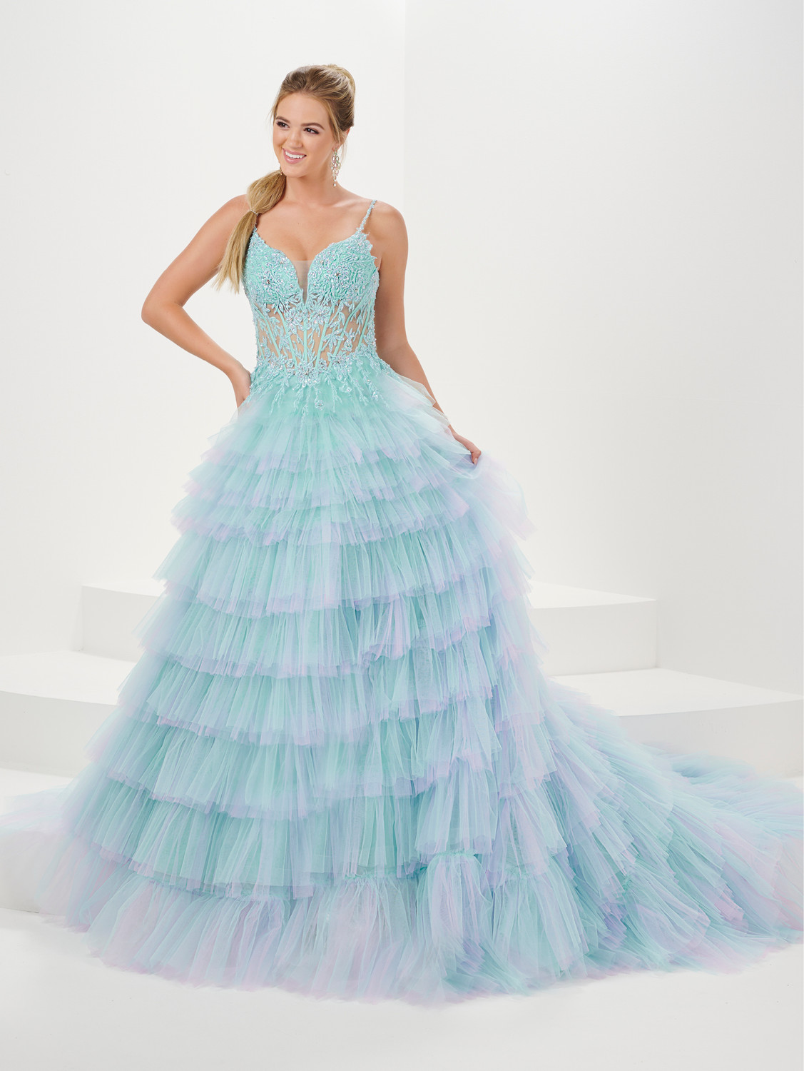 ombre dress design Tiffany Designs 16051 Ombre Sequins Scoop Neck Long Dress
