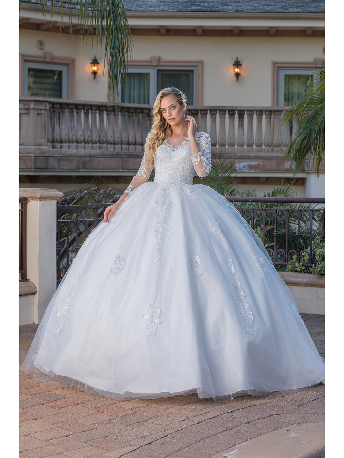 Dancing Queen 0264 Beaded Ballroom Sheer Sleeve Wedding Gown