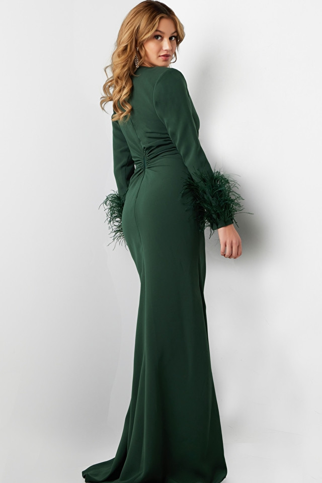 Jovani 25898 Feather Embellished Sleeves Crew Neck Dress