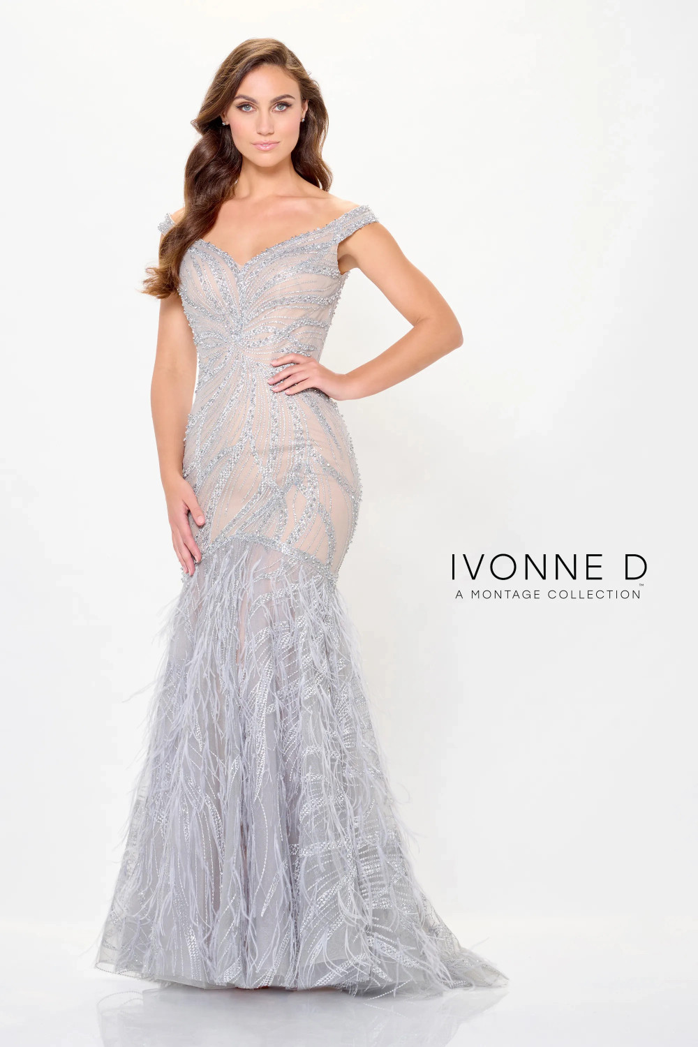 Ivonne D by Mon Cheri ID6213 Feathers Off-Shoulder Dress DressMeUpNY