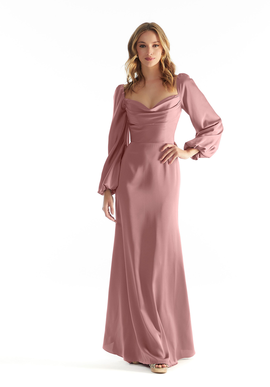 fitted lace wedding dress 2026 Bridesmaid Dresses Chiffon A-Line V-Neck Long Sleeves Floor-Length Formal Wedding Party Evening Gowns with Split Side & Pocket, Light Pink main image 1