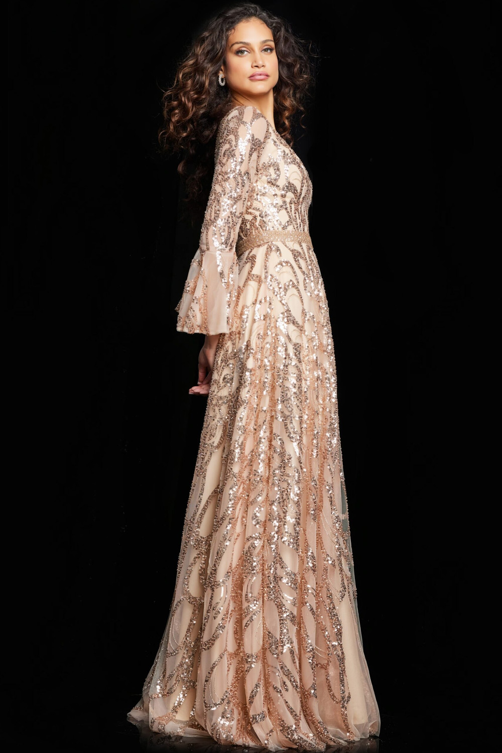 Plus Size Floor Length Gold Sequin Dress Lulus Jovani 36380 Sequin  Embellished Bell Sleeves V-neck