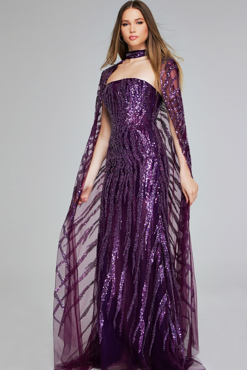 Jovani 39046 Sequin Sheer Dramatic Cape Strapless Long Gown