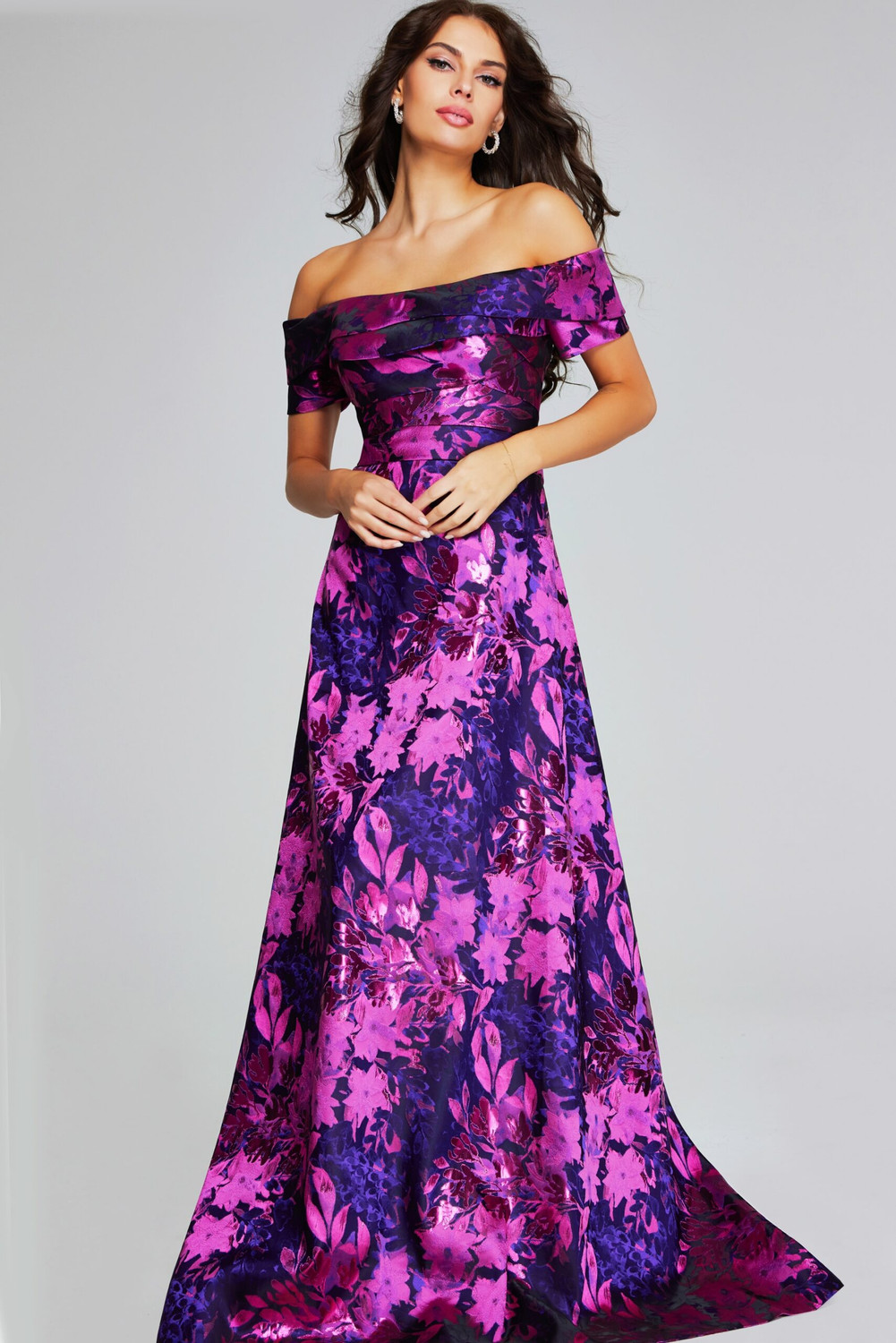 Jovani 42506 Metallic Satin Short Sleeves Off-Shoulder Gown