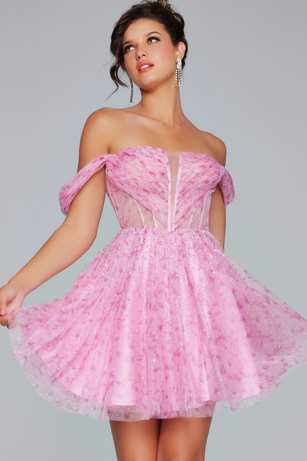 Jovani 38000 Tulle Beaded Ruffle Short Sleeve Short Dress