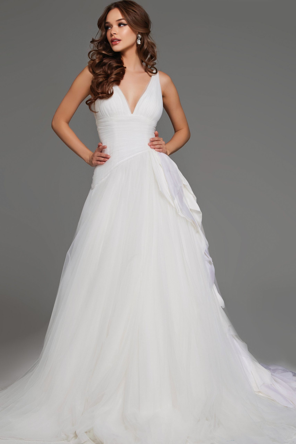Jovani JB23241 Tulle Ruffles V-Neck A-line Wedding Dress