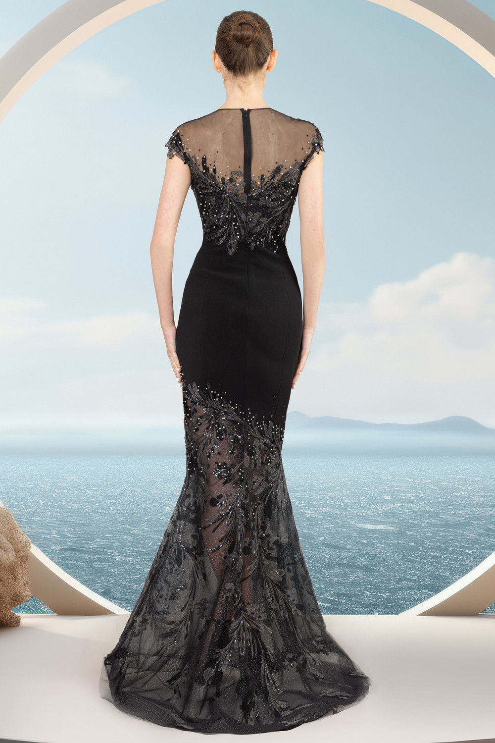 Janique 2508 Cap Sleeve Illusion High Neck Evening Dress